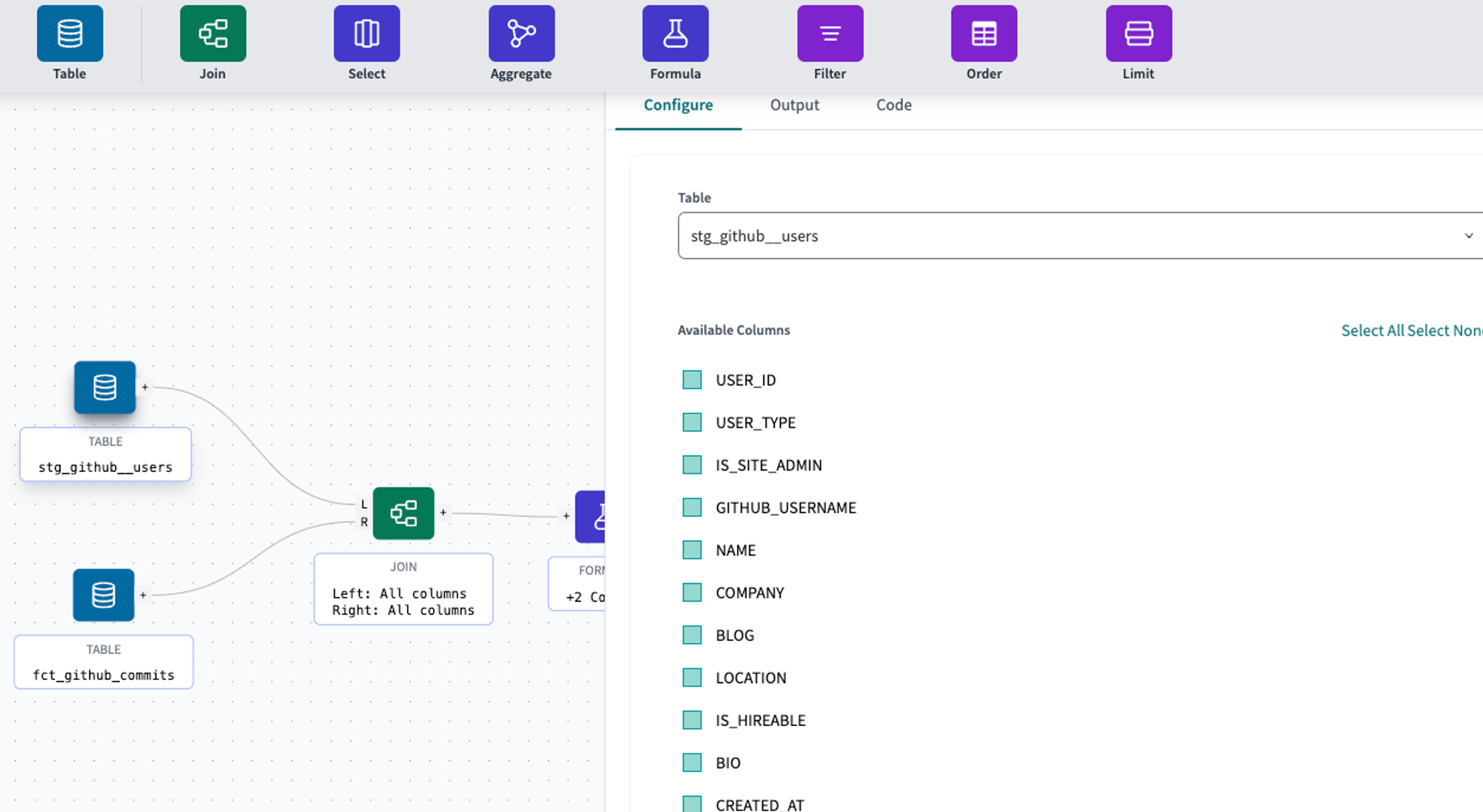 A sleek drag-and-drop canvas interface that allows you to create or modify dbt SQL models.