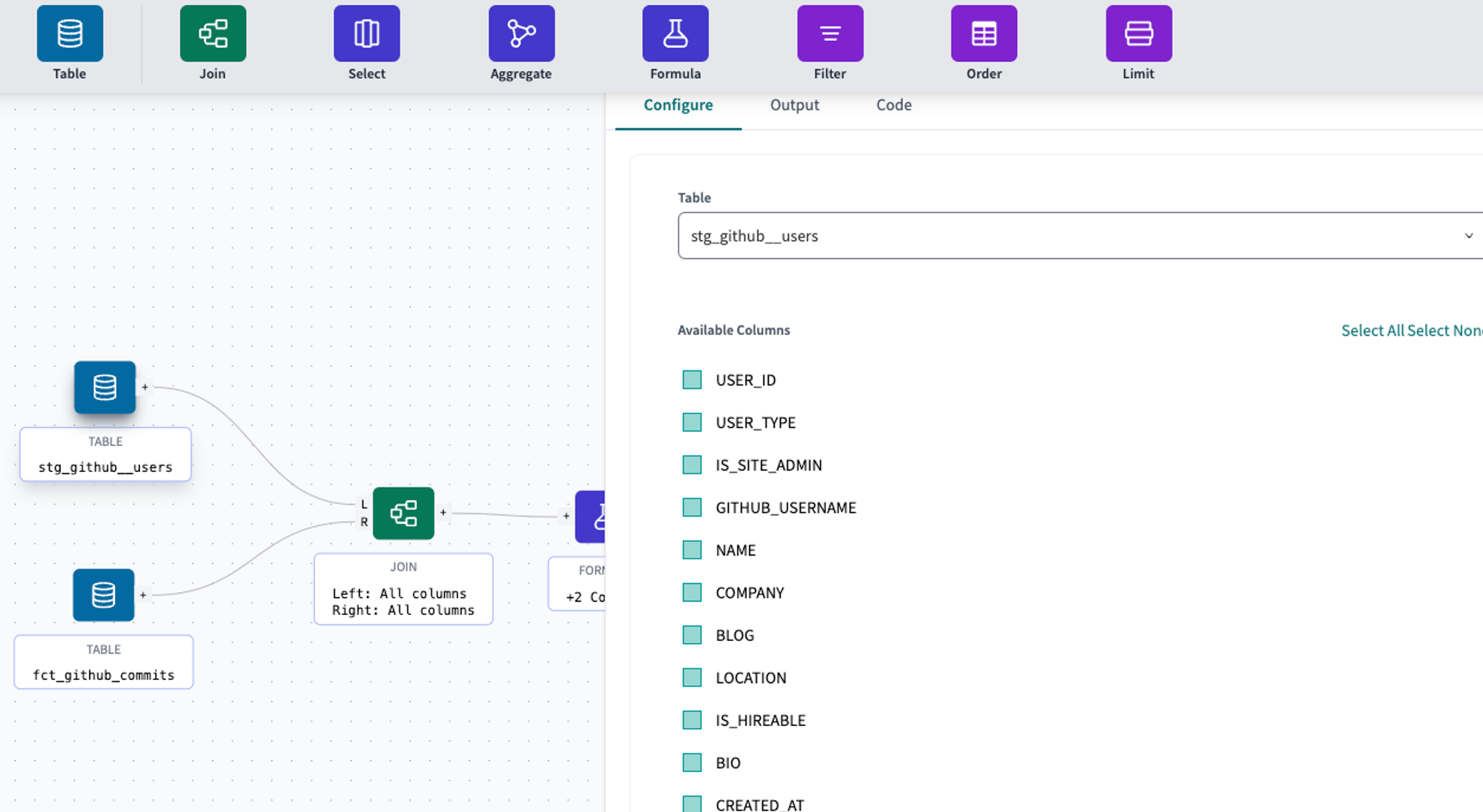 A sleek drag-and-drop canvas interface that allows you to create or modify dbt SQL models. A sleek drag-and-drop canvas interface that allows you to create or modify dbt SQL models.